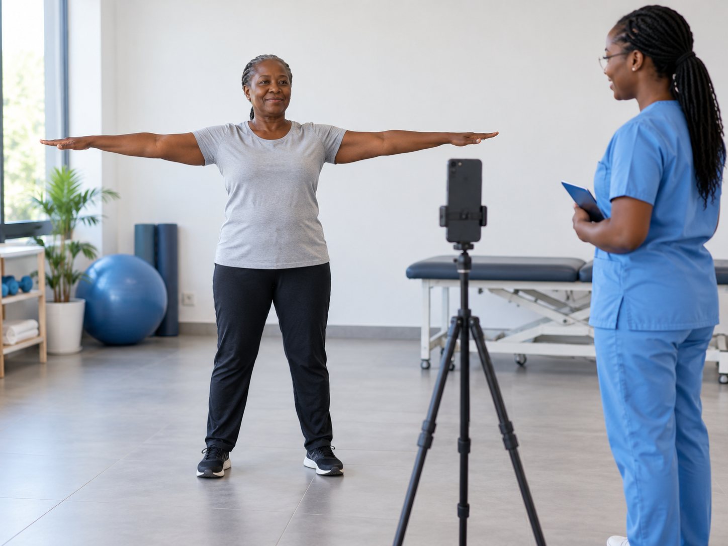 A patient holds a posture-scan pose two metres from a phone on a tripod while a physiotherapist watches