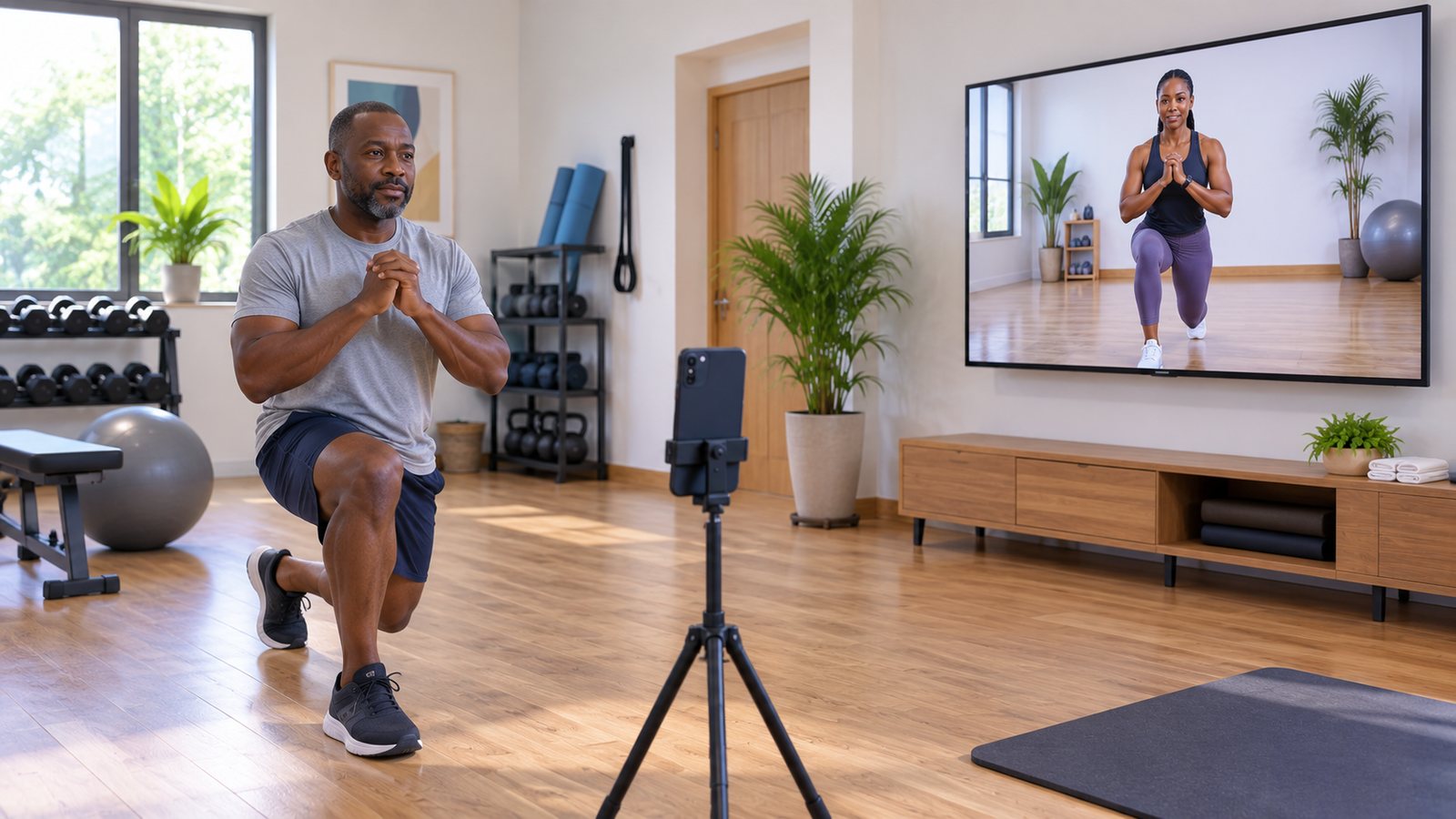 A patient mid-lunge in front of a phone on a tripod while a coach on a wall screen performs the same movement