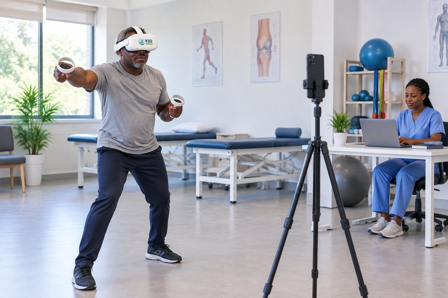 A patient in a VR headset mid-task in a rehabilitation room with a phone on a tripod and a physiotherapist at a laptop