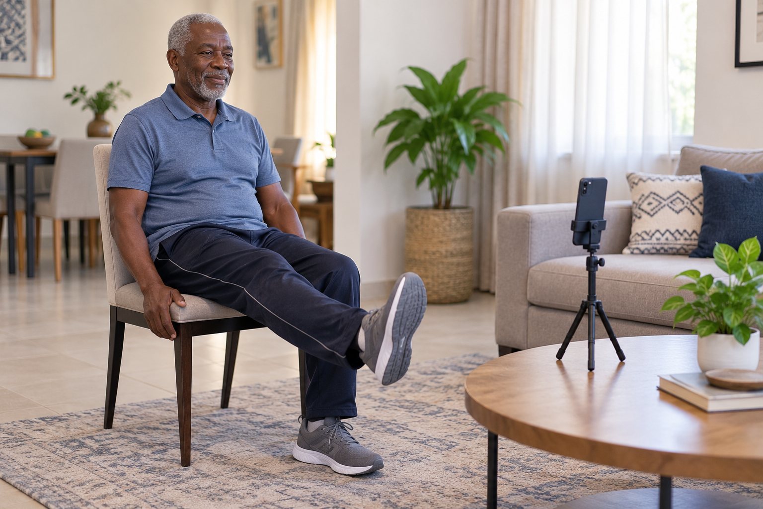 An older man does a seated knee extension at home facing a phone on a small tripod, no headset