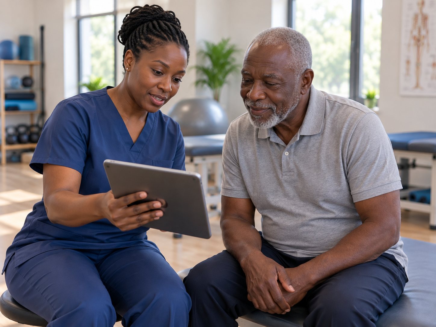 A physiotherapist shows a tablet report to a seated older patient