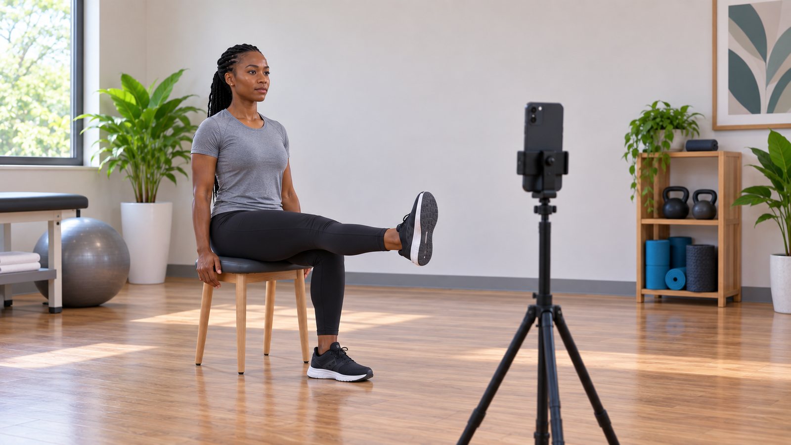 A woman seated on a stool raises one straight leg toward a phone on a tripod for the joint movement scan