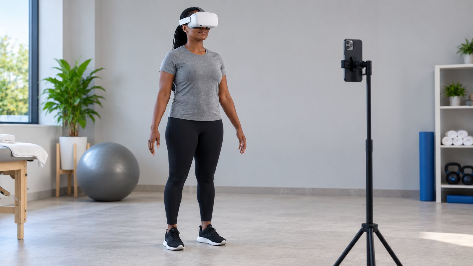 A woman stands straight, side-on to a phone on a tripod, for the posture scan
