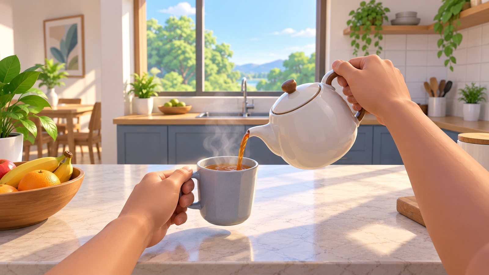 First-person view inside the headset: pouring tea into a cup