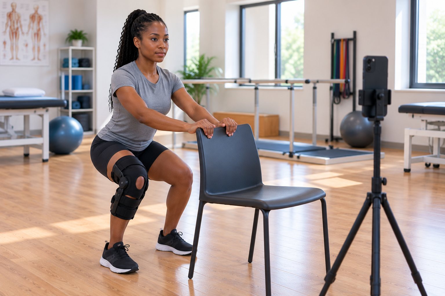 A young woman with a knee brace does a mini-squat holding a chair, facing a phone on a tripod