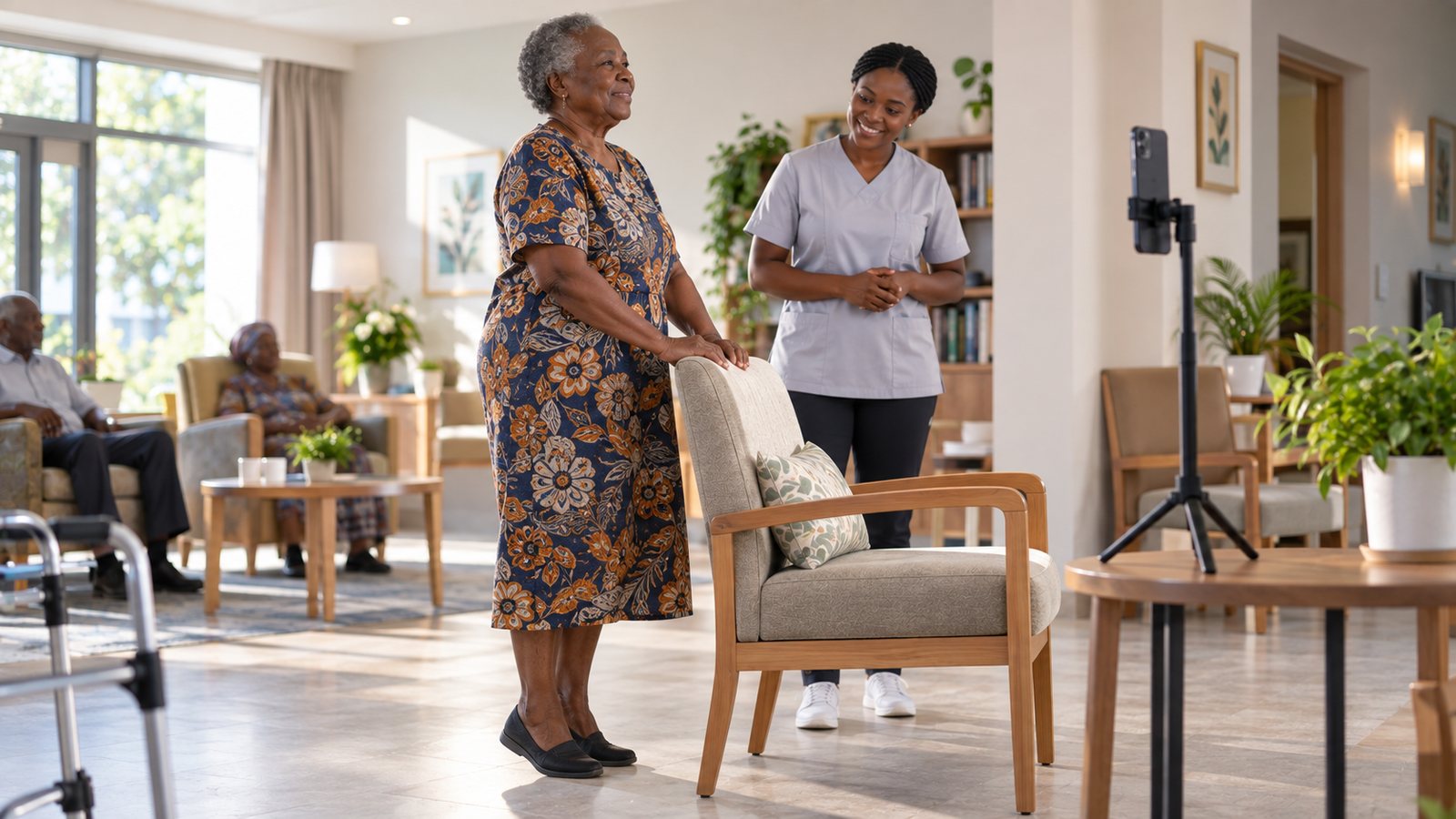 An elderly woman holds the back of a chair for a heel raise in a care home lounge while a care assistant watches