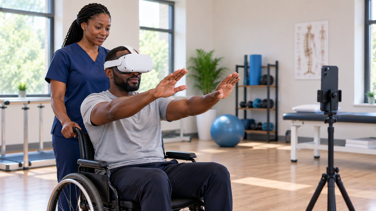 A man in a wheelchair wearing a VR headset raises both arms while a therapist stands behind him