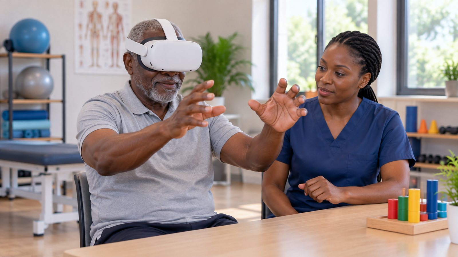 An older man in a VR headset raises his bare hands at a table while an occupational therapist watches