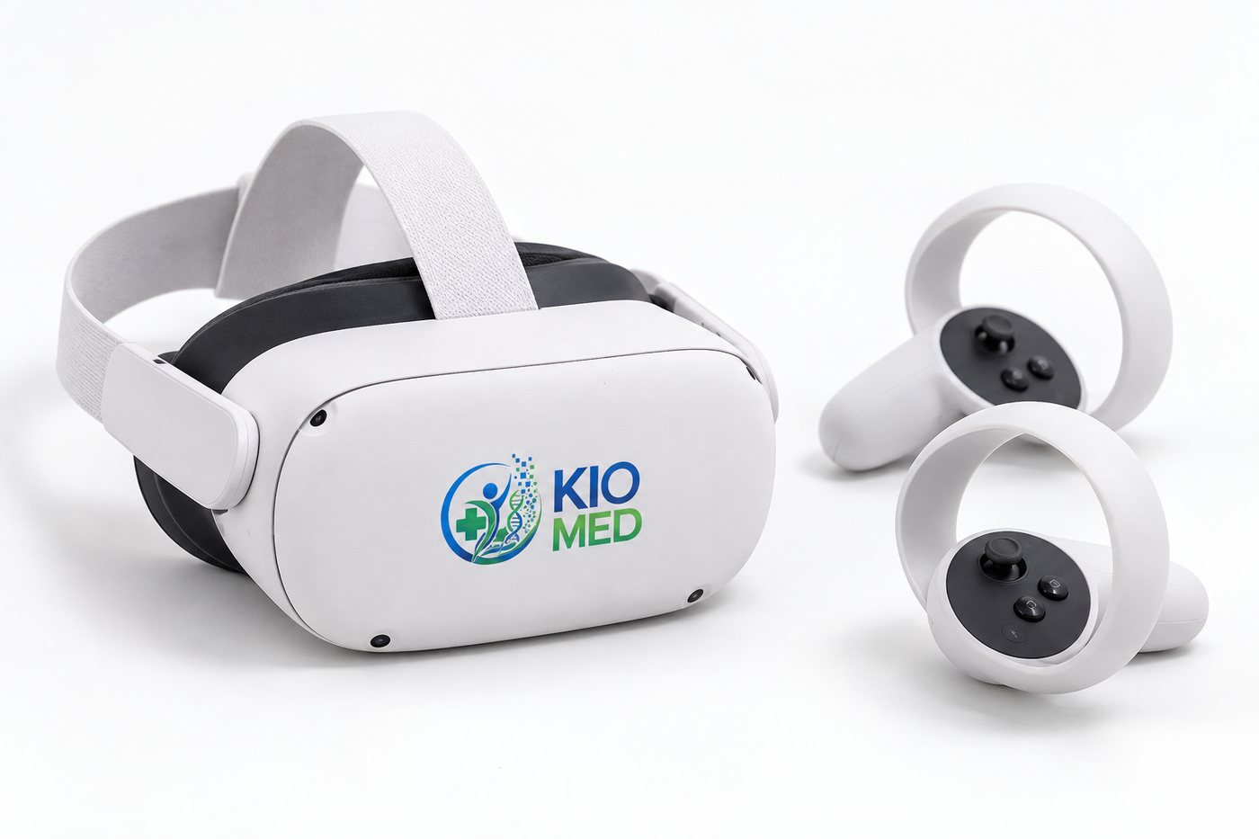 A white VR headset with two ring controllers on a white surface