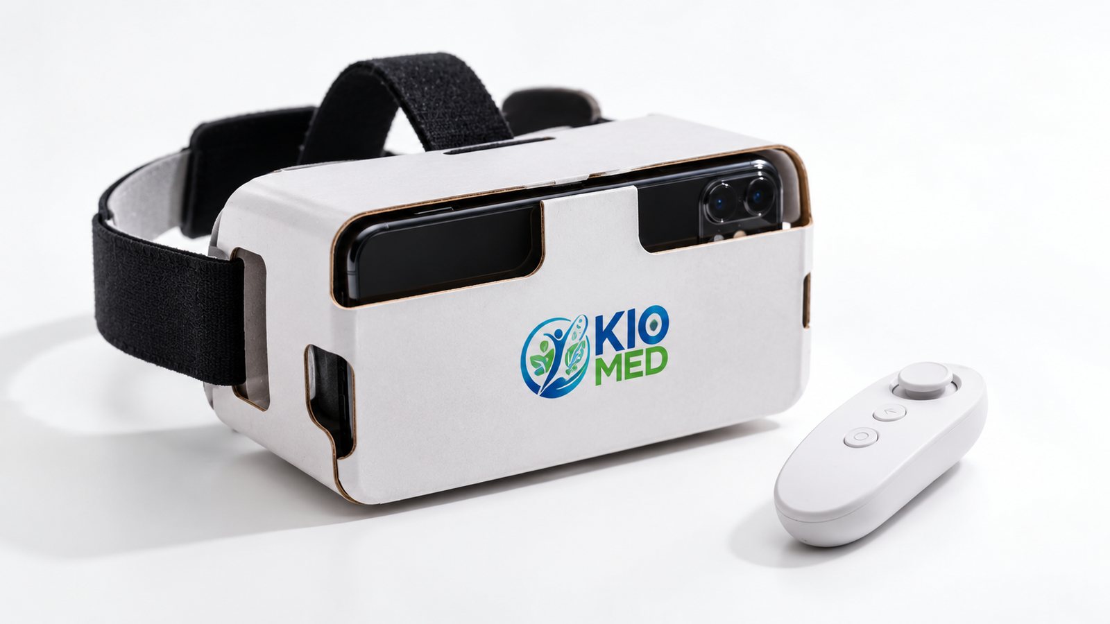 Lightweight VR goggles with a phone slotted in, and a small handheld remote, on a white surface