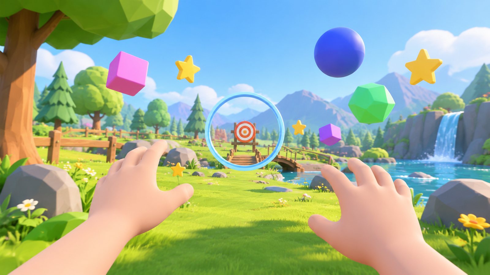 Inside the headset: a bright meadow game with floating shapes and a ring sight