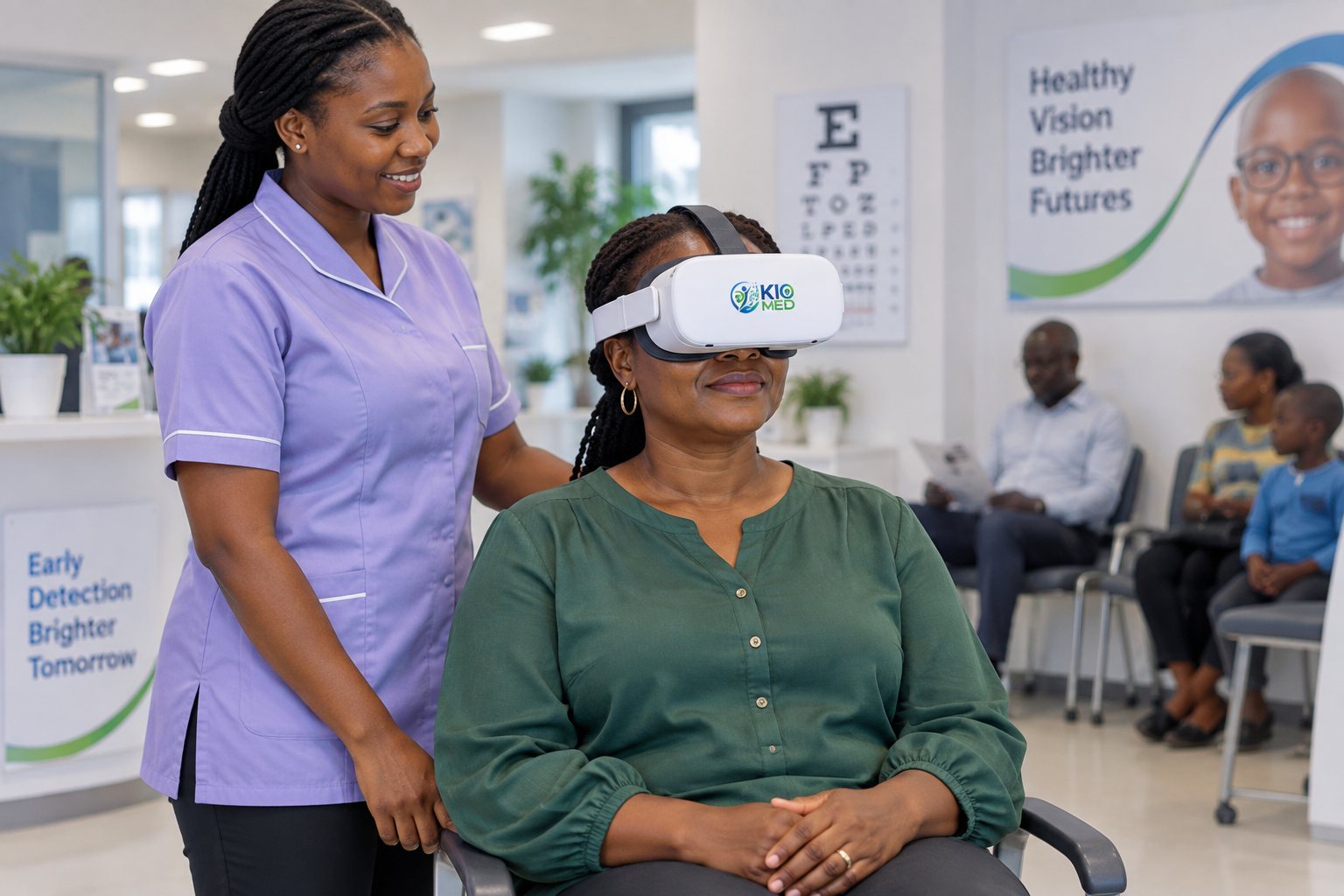 A woman seated in a VR headset in an eye-clinic waiting area with a clinic assistant beside her
