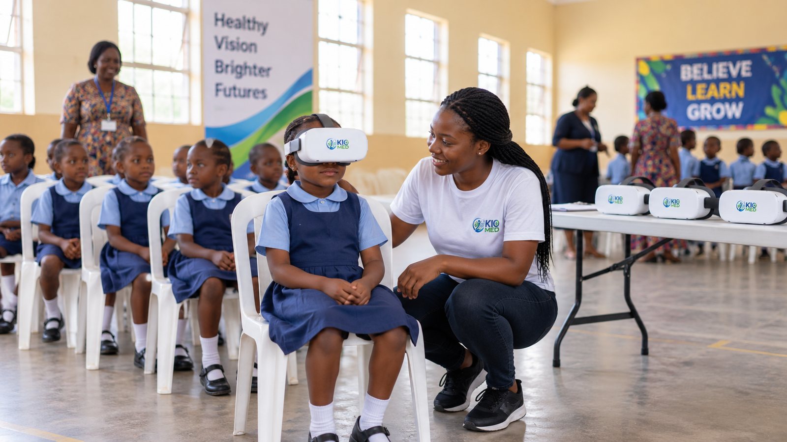 A row of schoolchildren in uniform wait on chairs while the nearest child wears a VR headset