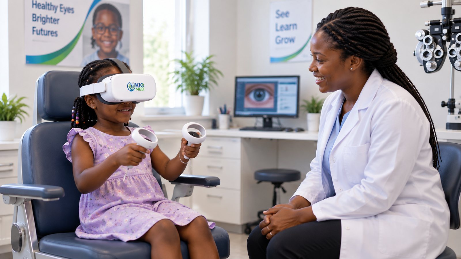 A girl in a VR headset holds two controllers while an optometrist in a white coat sits across from her