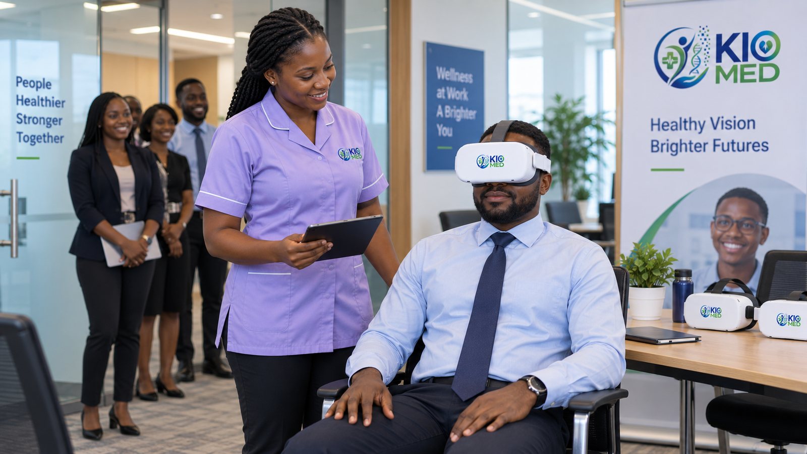 An employee in a shirt and tie sits in a VR headset in an office meeting room beside a clinic assistant