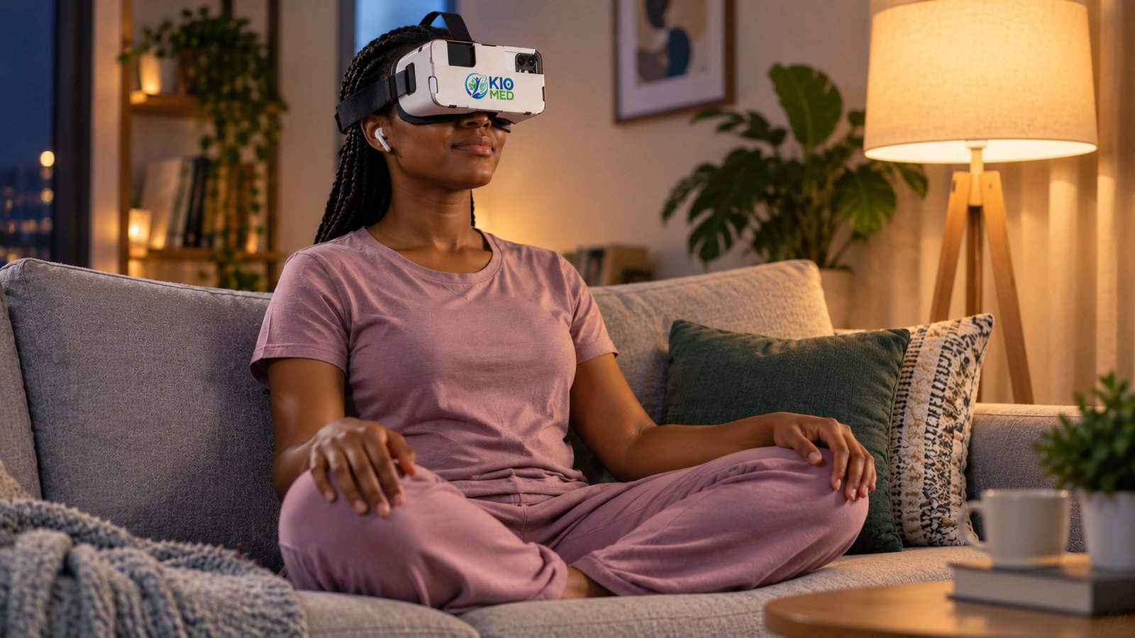 A young woman sits cross-legged on a sofa at home wearing mobile VR goggles and earbuds