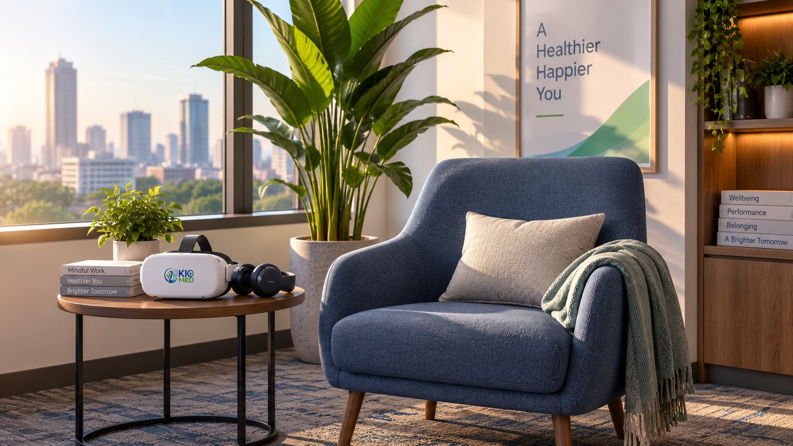 A quiet office corner with an armchair, a plant and a VR headset resting on a side table