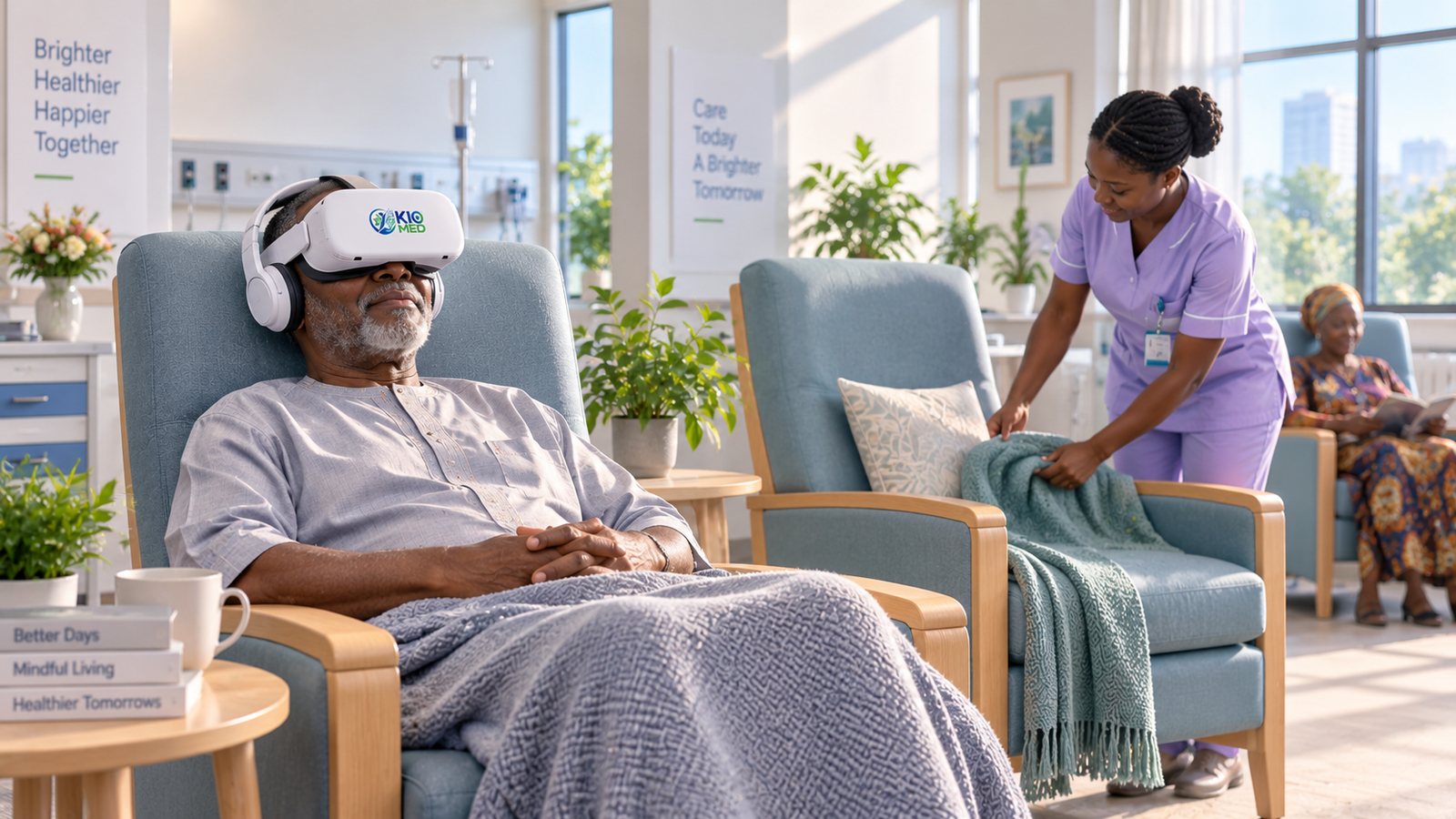 An elderly man sits in a high-backed chair wearing a VR headset and headphones in a bright hospital day room